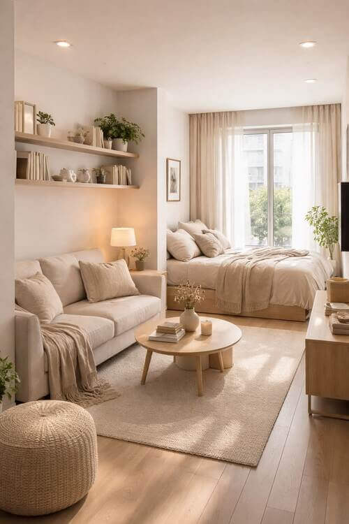 studio apartment decor ideas with minimalist and modern styling in a small open space